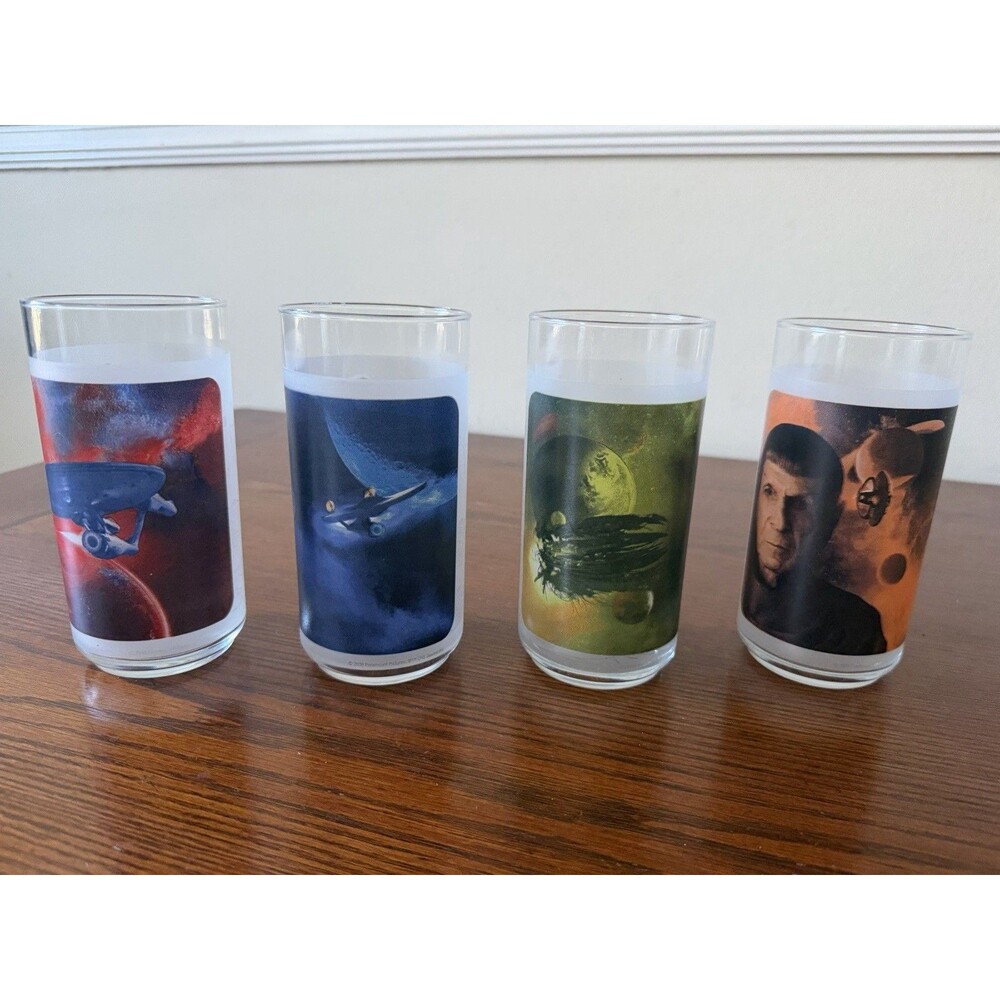 STAR TREK Character Frosted Glasses 16oz Kirk Spock Uhura Nero Complete Set of 4